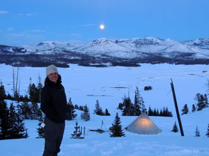 Aimee Tallian in front of Pelican Valley winter base camp